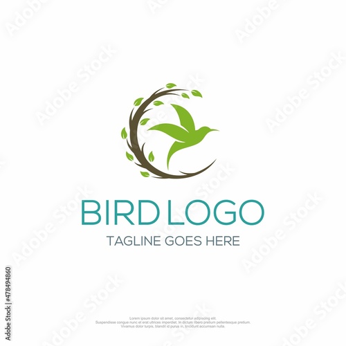 Bird logo with a circular tree branch and small leaves