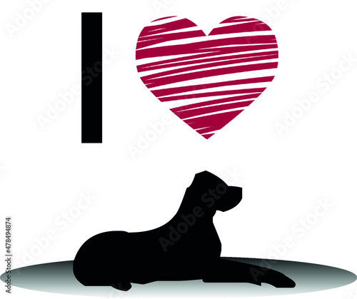 Eu Love Dog with Scratched Heart and Gray Base Attentive Dog Lying Down