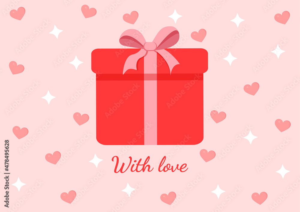 Red surprise gift box with bow. Present vector illustration for postcard, textile, decor, poster, banner. Greeting card for Valentine's Day and other holidays. The text can be replaced.