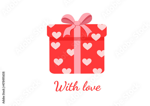Red gift box surprise with hearts. Present vector illustration for postcard, textile, decor, poster, banner. Greeting card for Valentine's Day and other holidays. The text can be replaced.
