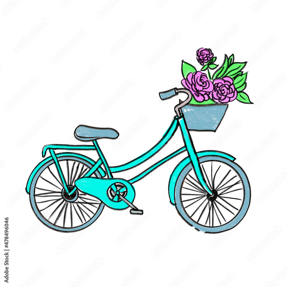 Blue hand drawn vintage bicycle with flowers, isolated on white background
