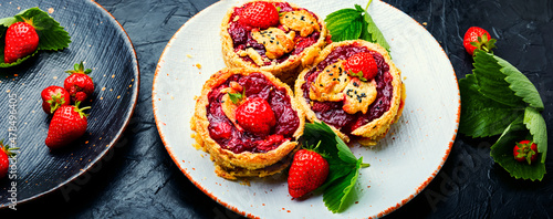 Fotografie, Obraz Summer tartlets with strawberries,extra wide