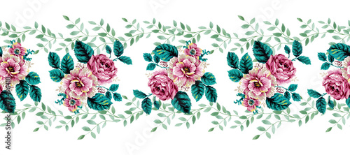 Bouquet rose, peonies, anemone and green leaves foliage graphic Seamless repeat pattern