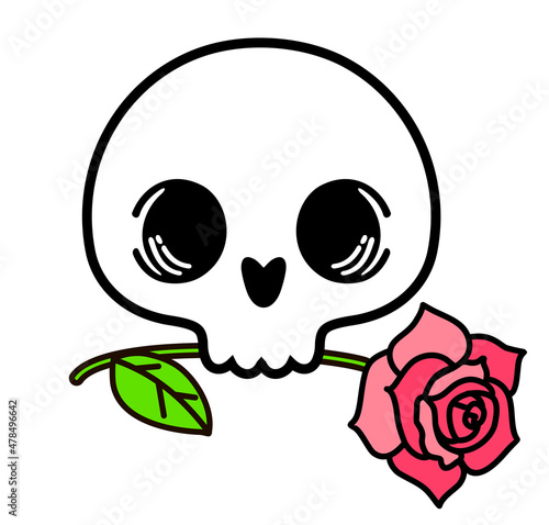 Human skull with a rose in the teeth. Cut human skull tattoo concept with rose flowers isolated vector illustration. Hand-drawn vector anatomical illustration for your romantic or gothic design.