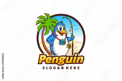 Cartoon penguin logo with a beach fishing theme