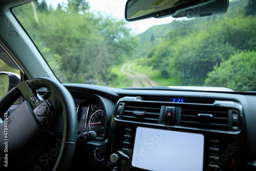 Driving off road car in the summer forest mountains