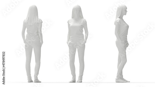 3D rendering of a young casual female posing isolated on empty studio background. SIlhouette and multiple views. photo
