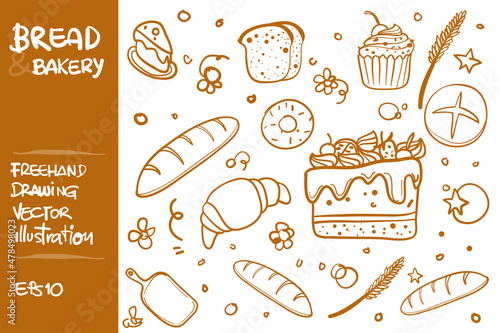 Bread and Bakery. Freehand Vector illustration about products from wheat.