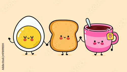 Cute, funny happy toast, eggs and cup of tea. Vector hand drawn cartoon kawaii characters, illustration icon. Funny cartoon toast, eggs and cup of tea mascot character concept