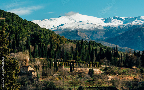 View of Sierra Nevada Mountains from Granada in Andalusia, Spain