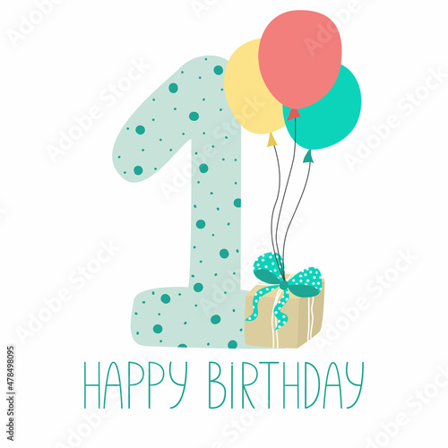 One year. Baby birthday card in cartoon style. Printable number 1 birthday postcard template. Balloons, gift box and number one