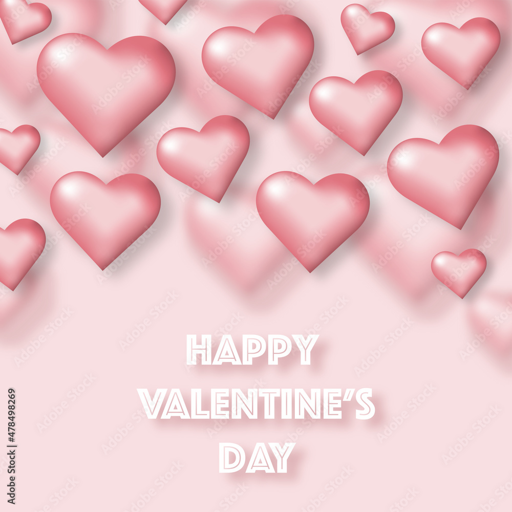 3d pearl hearts card for Valentine’s day. Happy Valentine's Day greeting card vector illustration. Valentines day abstract background. pink 3d heart. February 14, love