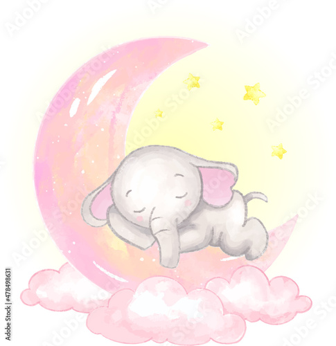 Cute baby elephant sleep on the crescent moon. Baby girl birthday greeting card
