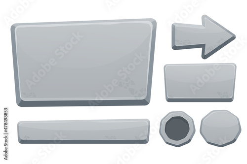 Stone buttons collection, set of rock assets in cartoon style isolated on white background. Mineral detailed objects ui game interface, app pannel.