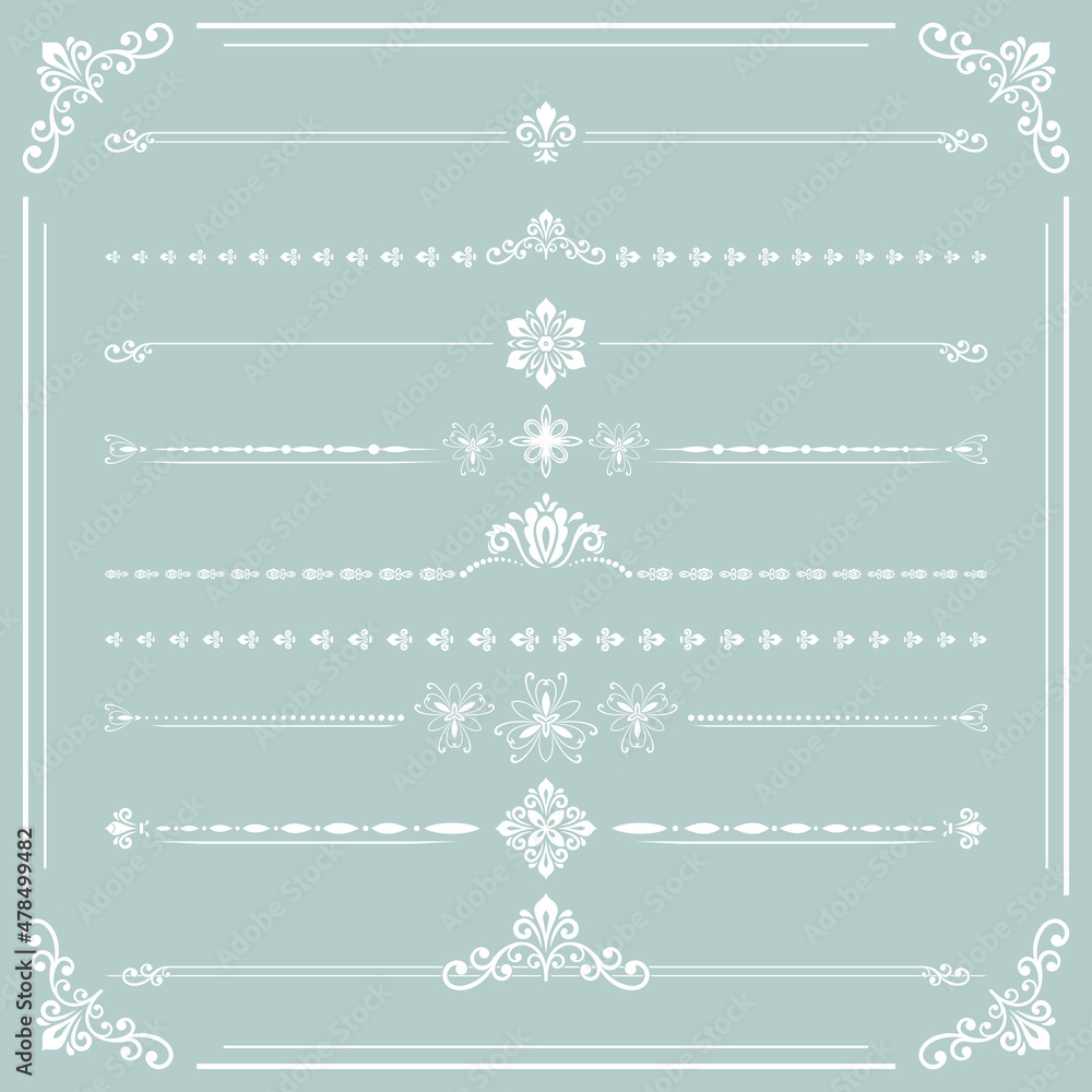 Vintage set of vector decorative elements. Horizontal separators in the frame. Collection of white different ornaments. Classic patterns. Set of vintage patterns