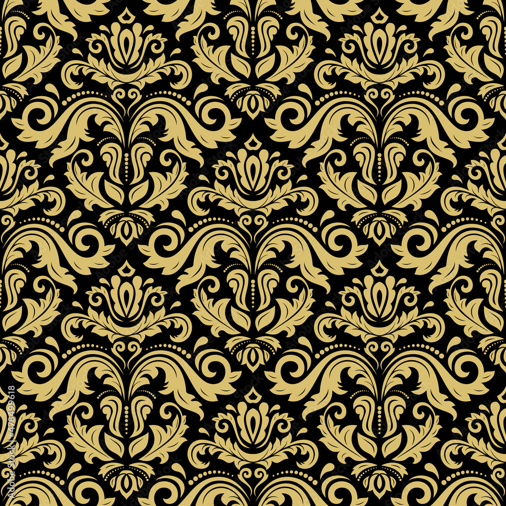 Classic seamless vector black and golden pattern. Damask orient ornament. Classic vintage background. Orient ornament for fabric, wallpapers and packaging Classic seamless vector black and golden pattern. Damask orient ornament. Classic vintage background. Orient ornament for fabric, wallpapers and packaging