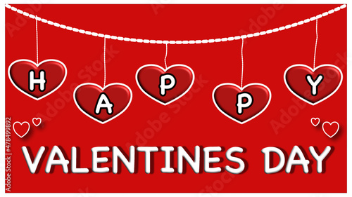 Happy Valentine’s Day message on a red background with the word happy written inside hearts that are hanging from a rope. 