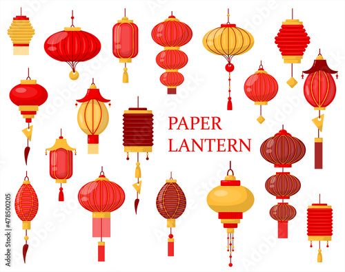 Chinese lantern vector set traditional lantern-light. Flat oriental decoration of china culture. Illustration of asian celebration festival decor. Cartoon colorful light isolated on white background