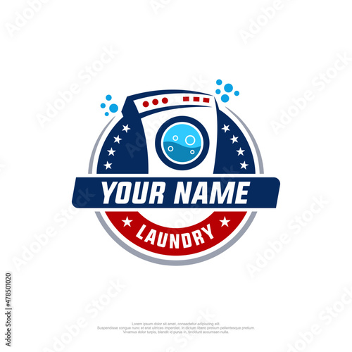 Laundry badge logo in red blue and laundry machine