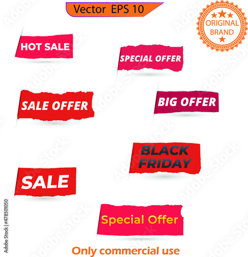 Sell red Grunge icon Paint Banners set. Vector red torn paper banner with ripped edges. Sale lettering inscription, phrase. Sticker set, price labels sale banners bent edge