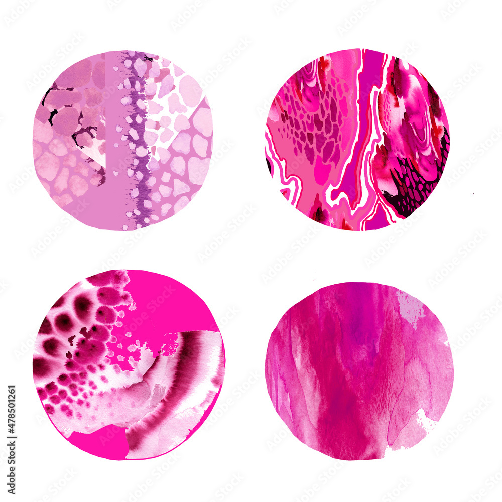 4 circles with watercolor pink texture isolated on white background abstract set. 4 circles with watercolor pink texture isolated on white background abstract set.
