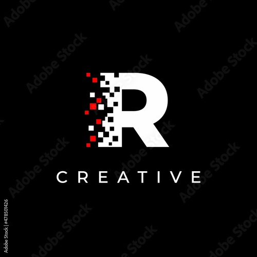 Letter R logo design template with with debris effect