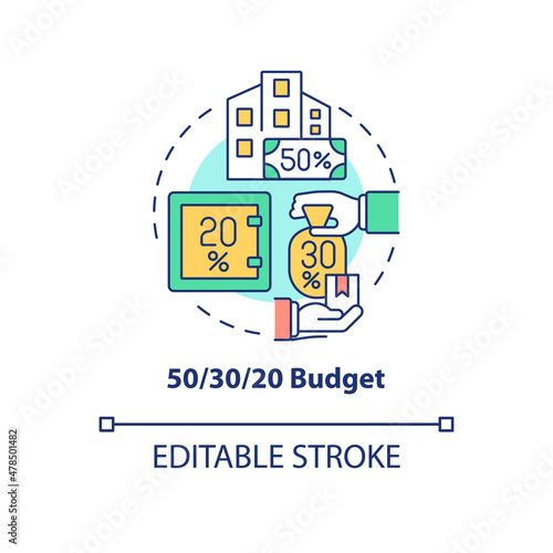 Fifty thirty twenty rule budget concept icon. Percentage. Financial planning abstract idea thin line illustration. Isolated outline drawing. Editable stroke. Roboto-Medium, Myriad Pro-Bold fonts used