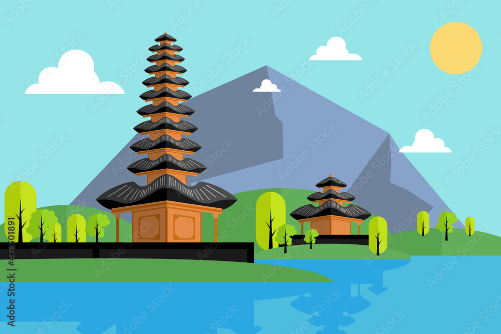 Illustration Vector Graphic of Bali View in Flat Design. Perfect to use for Background