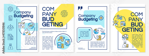 Company budgeting blue and yellow brochure template. Financial project. Booklet print design with linear icons. Vector layouts for presentation, annual reports, ads. Questrial, Lato-Regular fonts used