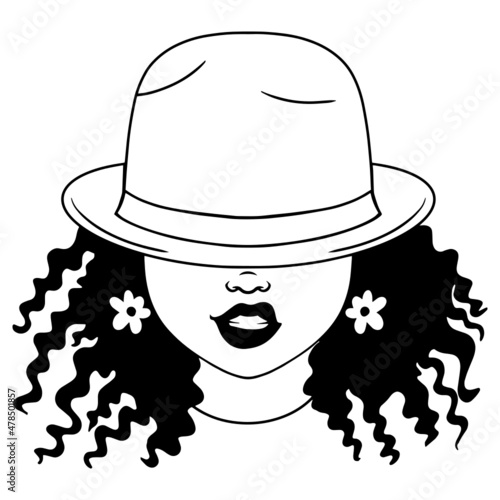 Simple afro woman in floppy sunhat hat. A girl with earrings and curly hair. silhouette vector illustration design isolated black background.Cutting and print file