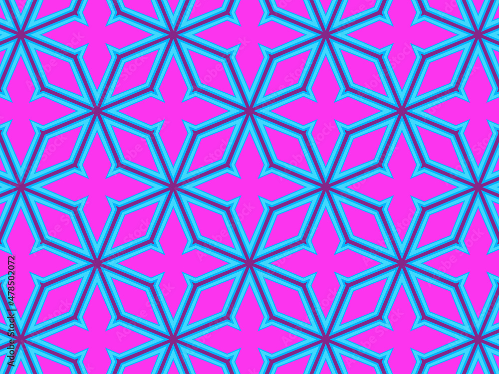 Modern geometric pattern in purple, magenta, orange, and blue colors. Bright kaleidoscopic print for fabric design, wrapping paper, stationery. Repeating textile pattern with snowflakes. Modern geometric pattern in purple, magenta, orange, and blue colors. Bright kaleidoscopic print for fabric design, wrapping paper, stationery. Repeating textile pattern with snowflakes.