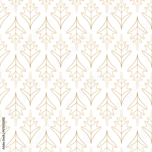 Floral seamless pattern. Contour linear gold oak leaves on white background. Seasonal design