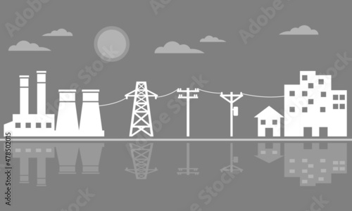 Power plant generates electricity to transmit electricity to power electric poles and house city on grey background icon flat vector design.