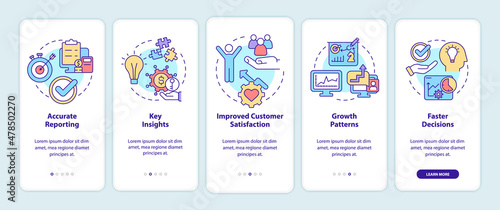 Business tools advantages onboarding mobile app screen. Key insights walkthrough 5 steps graphic instructions pages with linear concepts. UI, UX, GUI template. Myriad Pro-Bold, Regular fonts used
