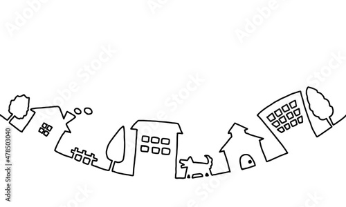 街並みの手描き線画イラスト