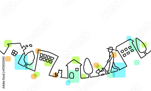 街並みの手描き線画イラスト　色付き