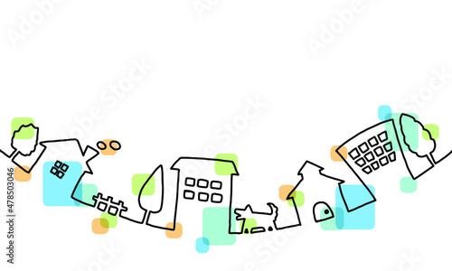 街並みの手描き線画イラスト　色付き