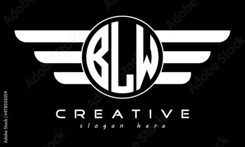 BLW three letter monogram type circle letter logo with wings vector template.