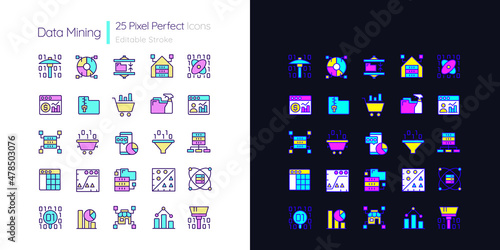Data mining light and dark theme RGB color pixel perfect icons set. Knowledge discovering in data. Simple filled line drawings pack on white and black space. Editable stroke. Quicksand-Light font used