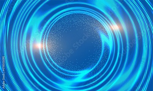 Abstract technology swirl circle background, glowing spiral, neon style. Abstract blue background with scintillating circles and gloss. Blue luminous swirling backdrop. Elegant glowing circle. Vector