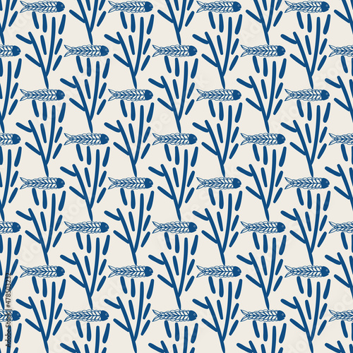 Fish and seaweed vector seamless pattern background. Modern scandi style backdrop with underwater plants and shoal of swimming creatures. Blue and white geometric design. Aquatic animal habitat repeat