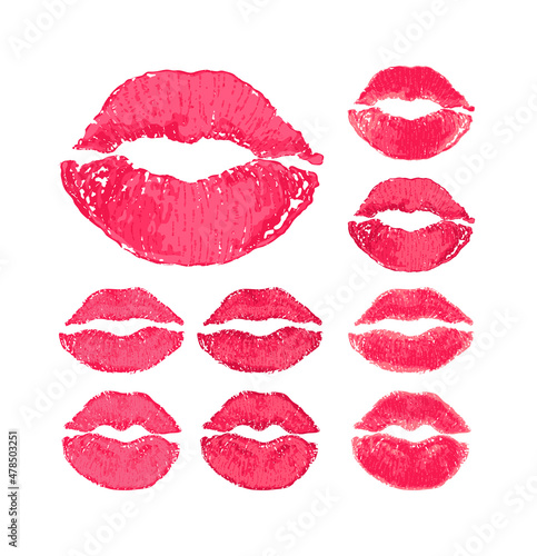 Lipstick Print on Paper. Sweet Kiss. Romance. A Set of Lush Sexy Red and Seductive Pink Lips. Flat Color Fashion style. White background. Vector illustration for Romantic Love Design.