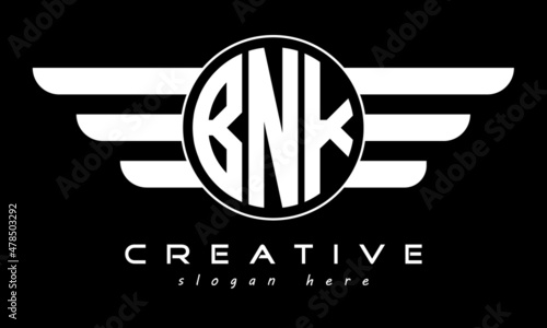 BNK three letter monogram type circle letter logo with wings vector template. photo