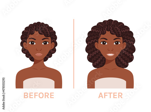 Beautiful Black Woman with Short Hair. Happy Young Girl with Long Afro Curls. Hair Extensions. Before and After. White background. Color Cartoon Fashion style. Vector illustration for Beauty Design.