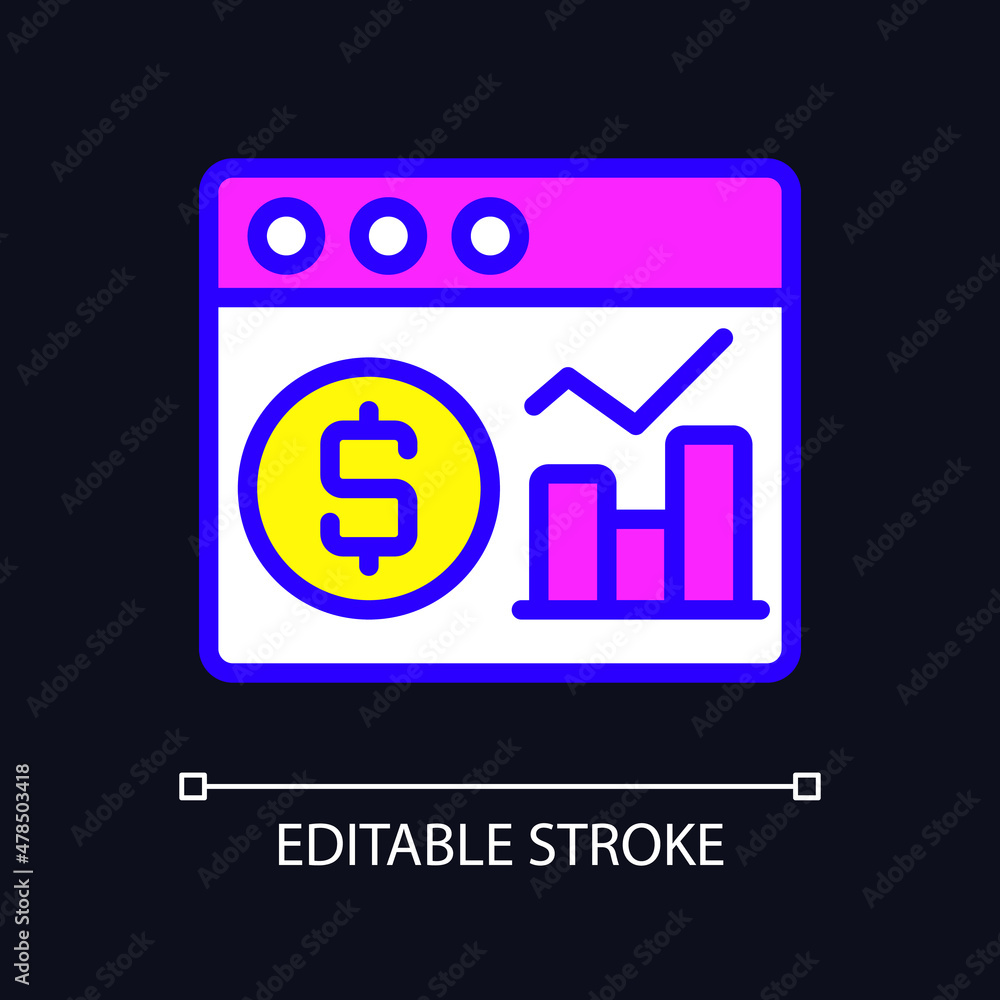 Financial data analysis RGB color pixel perfect icon for dark theme. Virtual information of business processes. Simple filled line drawing on night mode background. Editable stroke. Arial font used Financial data analysis RGB color pixel perfect icon for dark theme. Virtual information of business processes. Simple filled line drawing on night mode background. Editable stroke. Arial font used