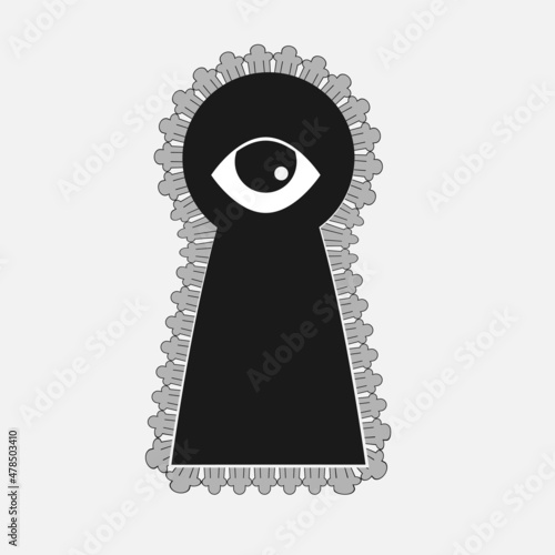 Black Keyhole with eye icon isolated. The eye looks into the keyhole. Keyhole eye hole. Vector Illustration