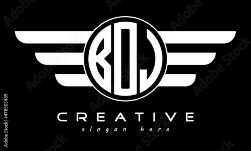 BOJ three letter monogram type circle letter logo with wings vector template.