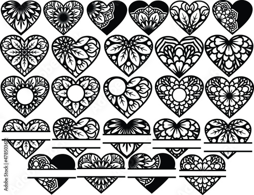 Vector Floral Mandala Heart Templates for Paper, Laser,  Vinyl  Cut	