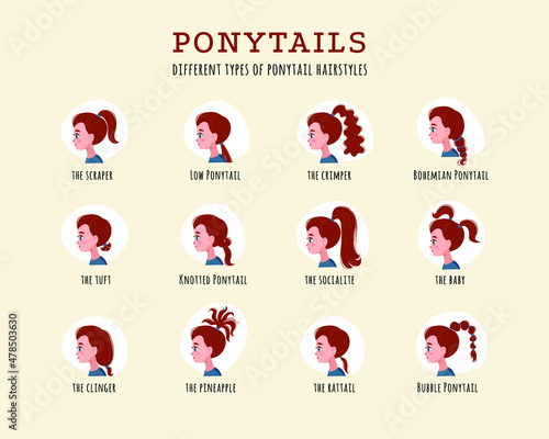 Set of hairstyles ponytails. Different types of ponytail hairstyles.