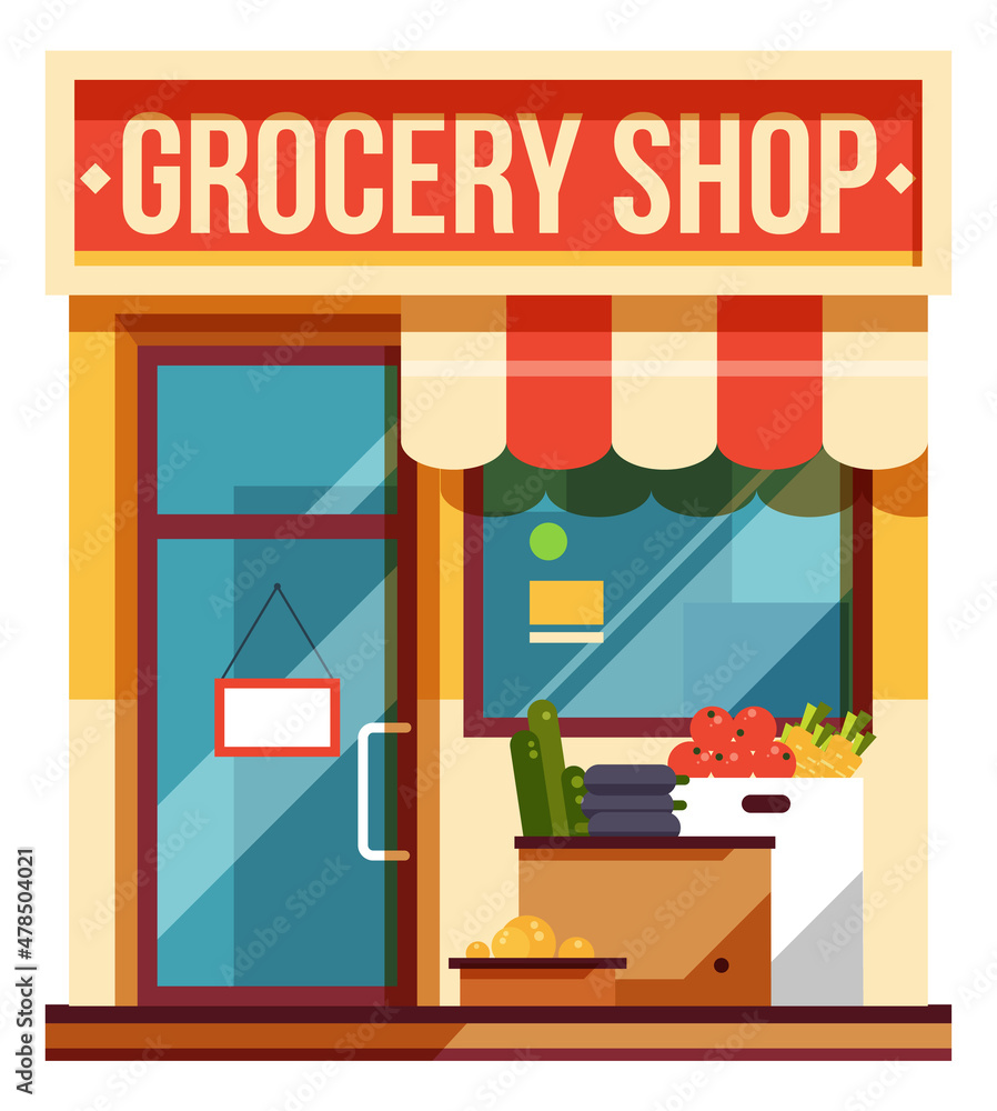 Grocery shop front. Urban street store facade Grocery shop front. Urban street store facade